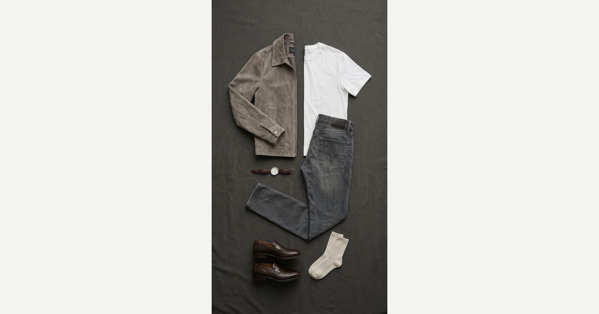 Taupe jacket. Washed Black jean. — outfit flat-lay