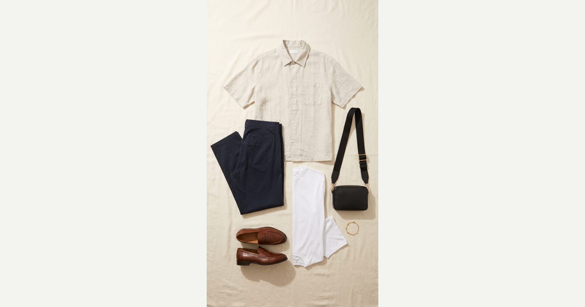 Beige shirt. Navy trouser. — outfit flat-lay