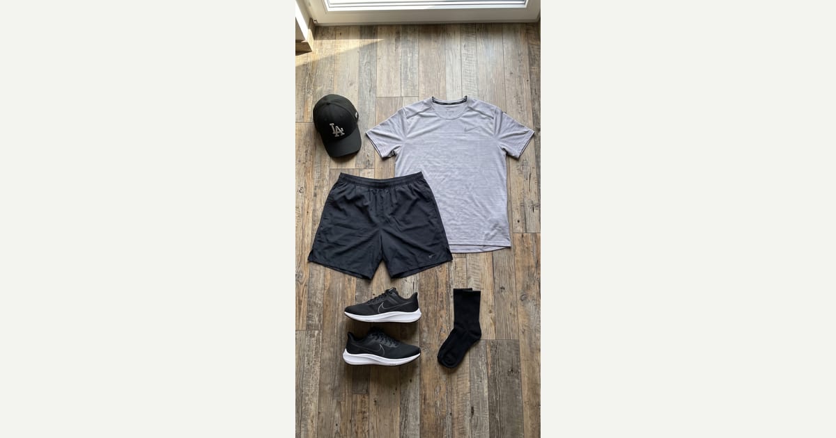 Light grey tee. Silver sneaker. — outfit flat-lay