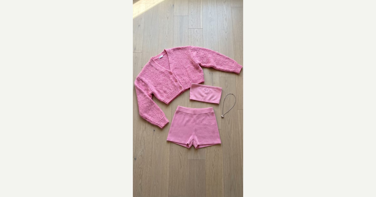Pink knit. Light Pink short. — outfit flat-lay