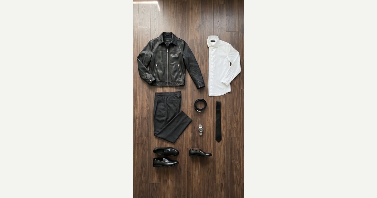 White shirt. Charcoal trouser. — outfit flat-lay