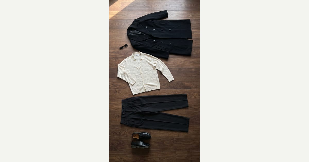 Black trouser. Off-White knit. — outfit flat-lay