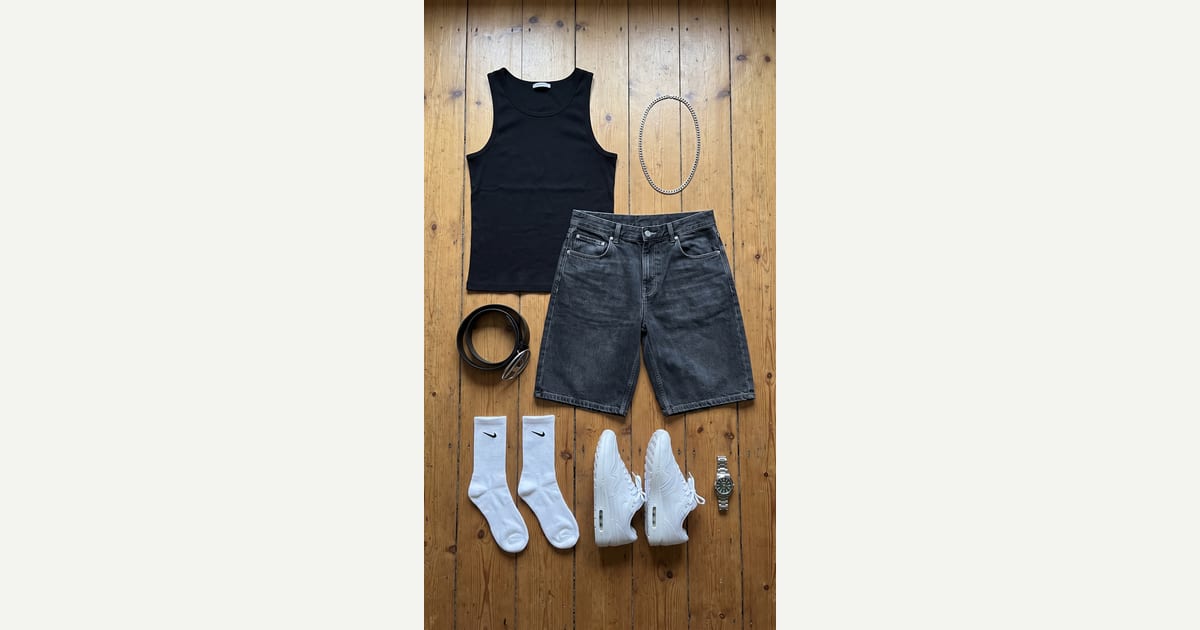 Charcoal short. Black tee. — outfit flat-lay
