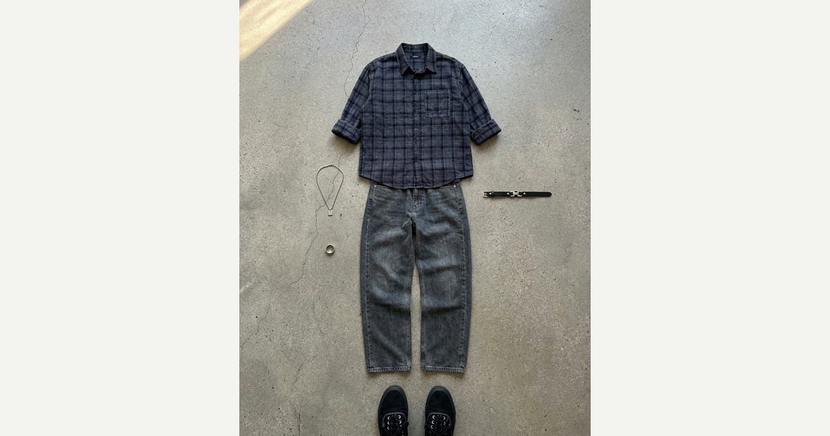 Washed black jean. Charcoal shirt. — outfit flat-lay
