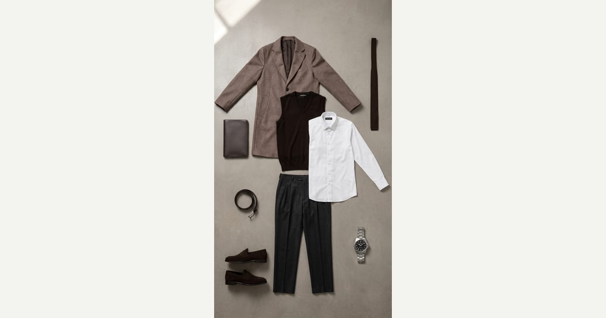 Taupe outerwear. Charcoal trouser. — outfit flat-lay