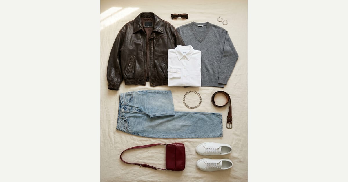 Dark brown jacket. Light wash blue jean. — outfit flat-lay