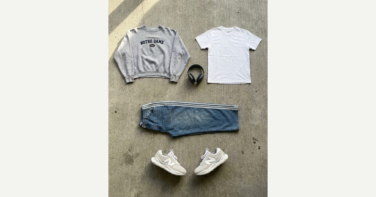 White tee. Heather grey knit. — outfit flat-lay