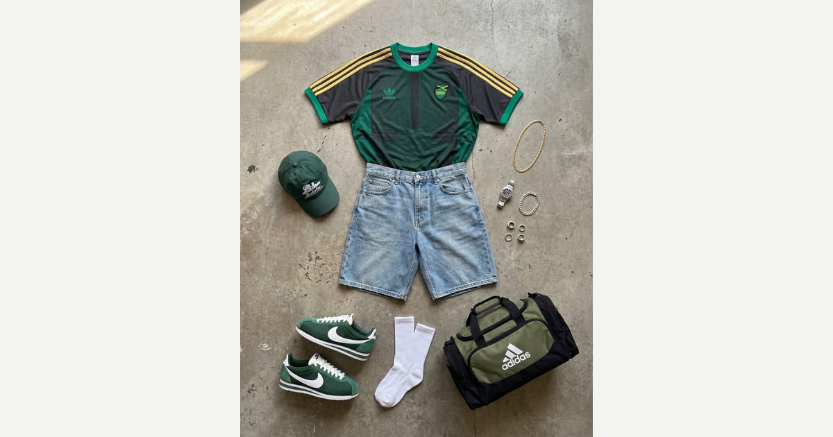 Charcoal grey tee. Light wash blue short. — outfit flat-lay