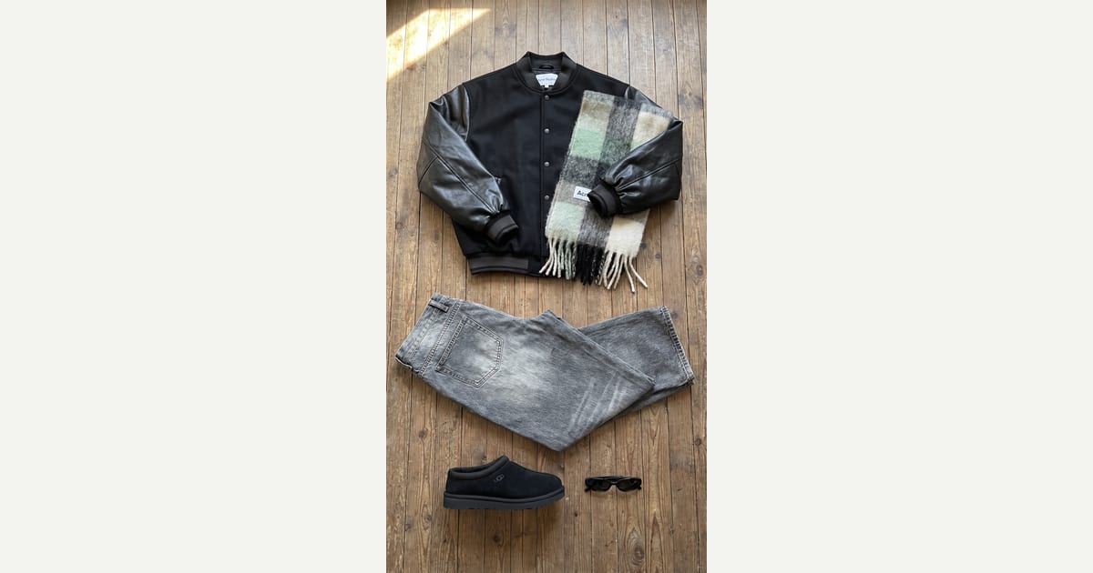 Black jacket. Grey jean. — outfit flat-lay