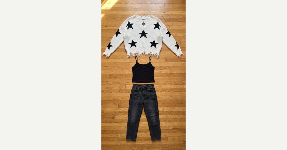 Off-White knit. Faded Black jean. — outfit flat-lay