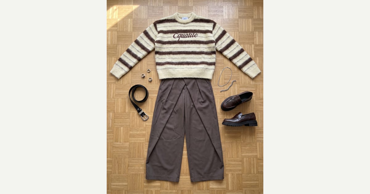 Cream knit. Taupe brown trouser. — outfit flat-lay