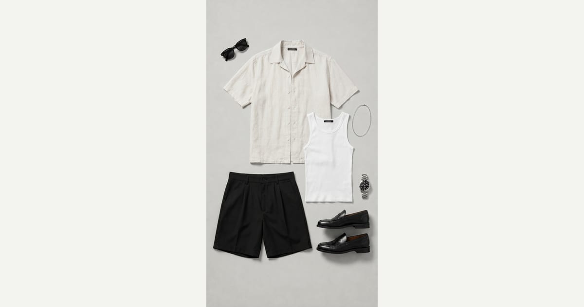Off-white shirt. Black short. — outfit flat-lay