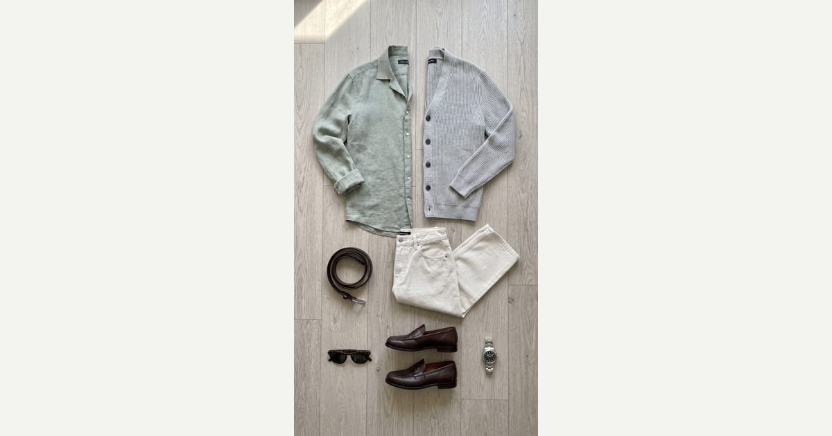 Sage Green shirt. Light Grey knit. — outfit flat-lay