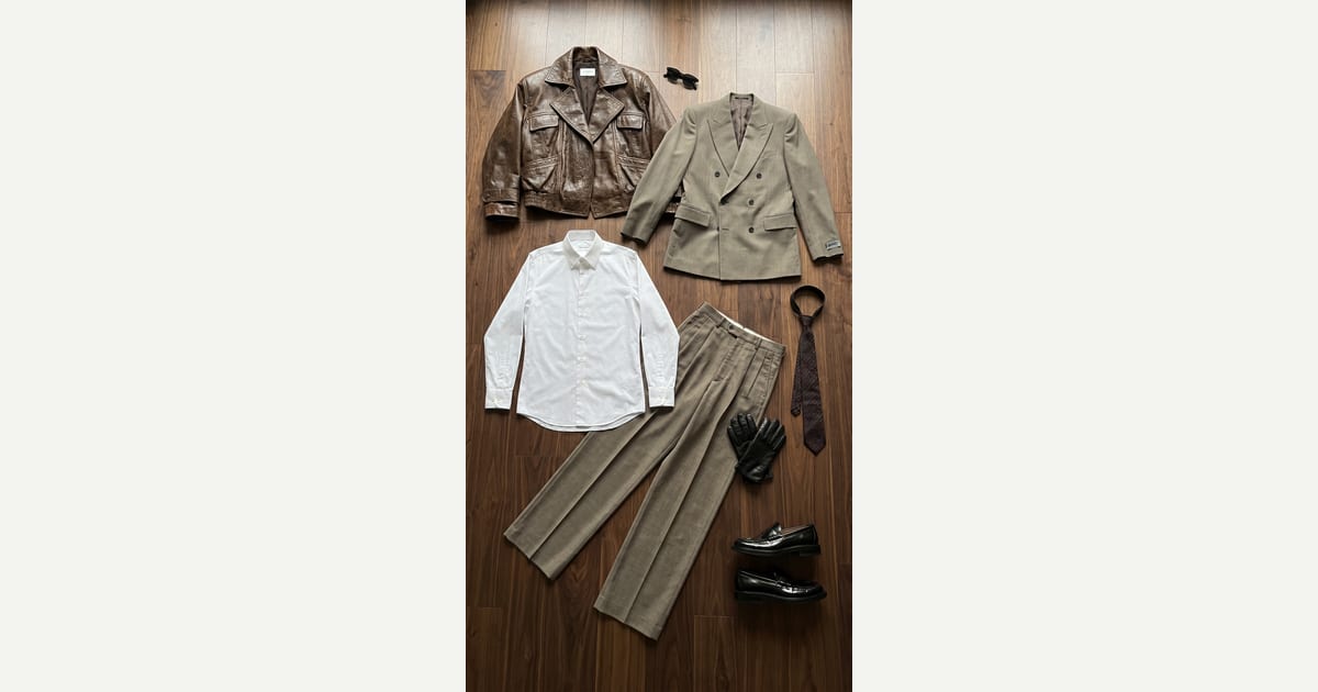 Taupe blazer. Brown jacket. — outfit flat-lay