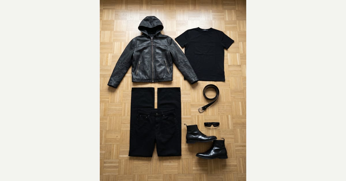 Black jacket. Black jean. — outfit flat-lay